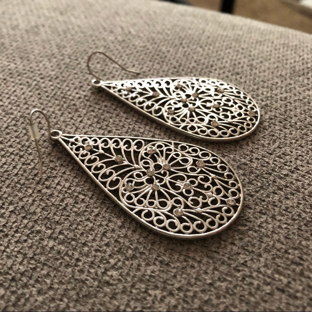 Silver Teardrop Earrings with Gems